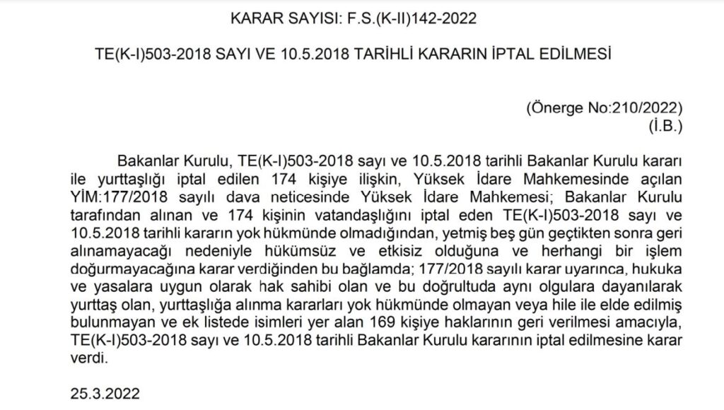 169 kişinin vatandaşlık hakkı geri verildi