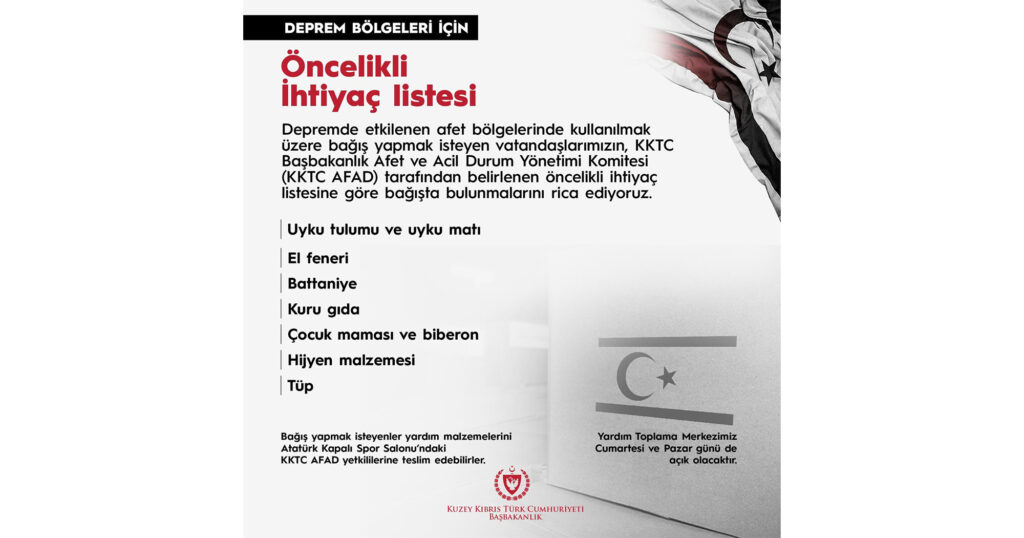 “Uyku tulumu ve uyku matı, el feneri, battaniye, kuru gıda, çocuk maması ve biberon, hijyen malzemesi, tüp”