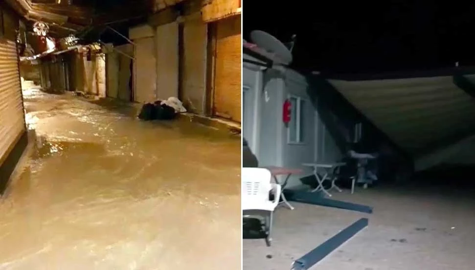 Hatay’da kuvvetli sağanak ve fırtına: Çatılar uçtu, konteyner kentlerde su baskını