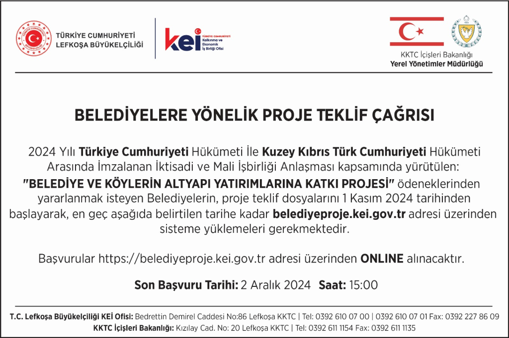 Türkiye’nin Lefkoşa Büyükelçiliği’nden Belediyelere yönelik proje teklif çağrısı…