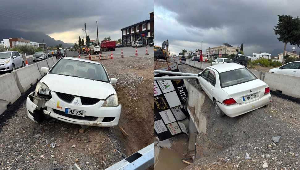 Alsancak’ta bankete düşen araç su borusunu kopardı, reklam tabelasını devirdi