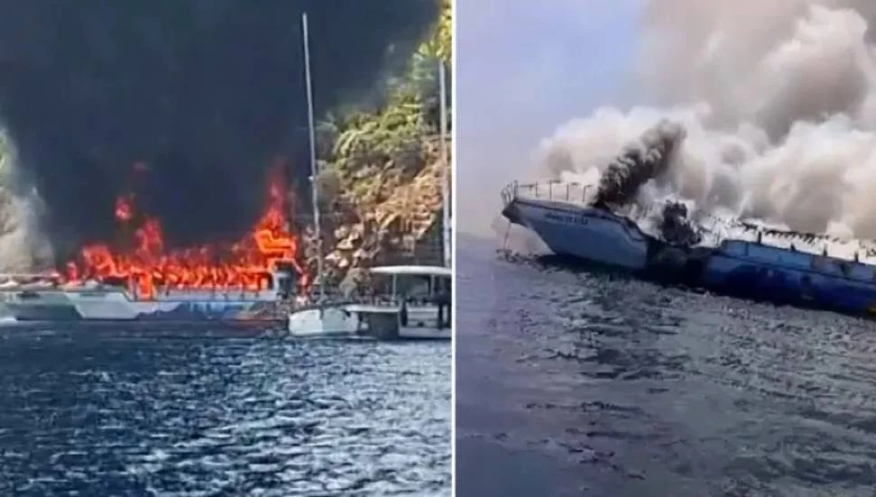 Denizin ortasında gezi teknesinde yangın çıktı, 115 kişi denize atladı